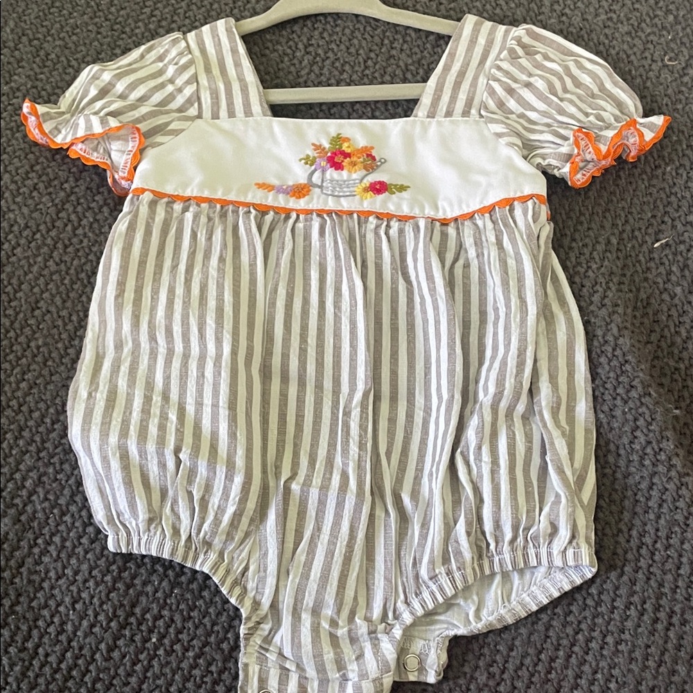 Striped Baby Romper with Floral Embroidery